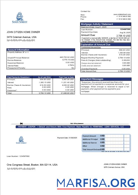 Blank USA State Street Corporation bank mortgage statement in Word and PDF formats template